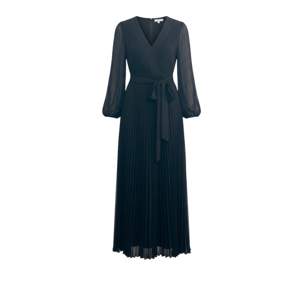 NWT Milly Nadie Black Pleated Long Sleeve V-Neck Maxi Dress 6 Contemporary Chic